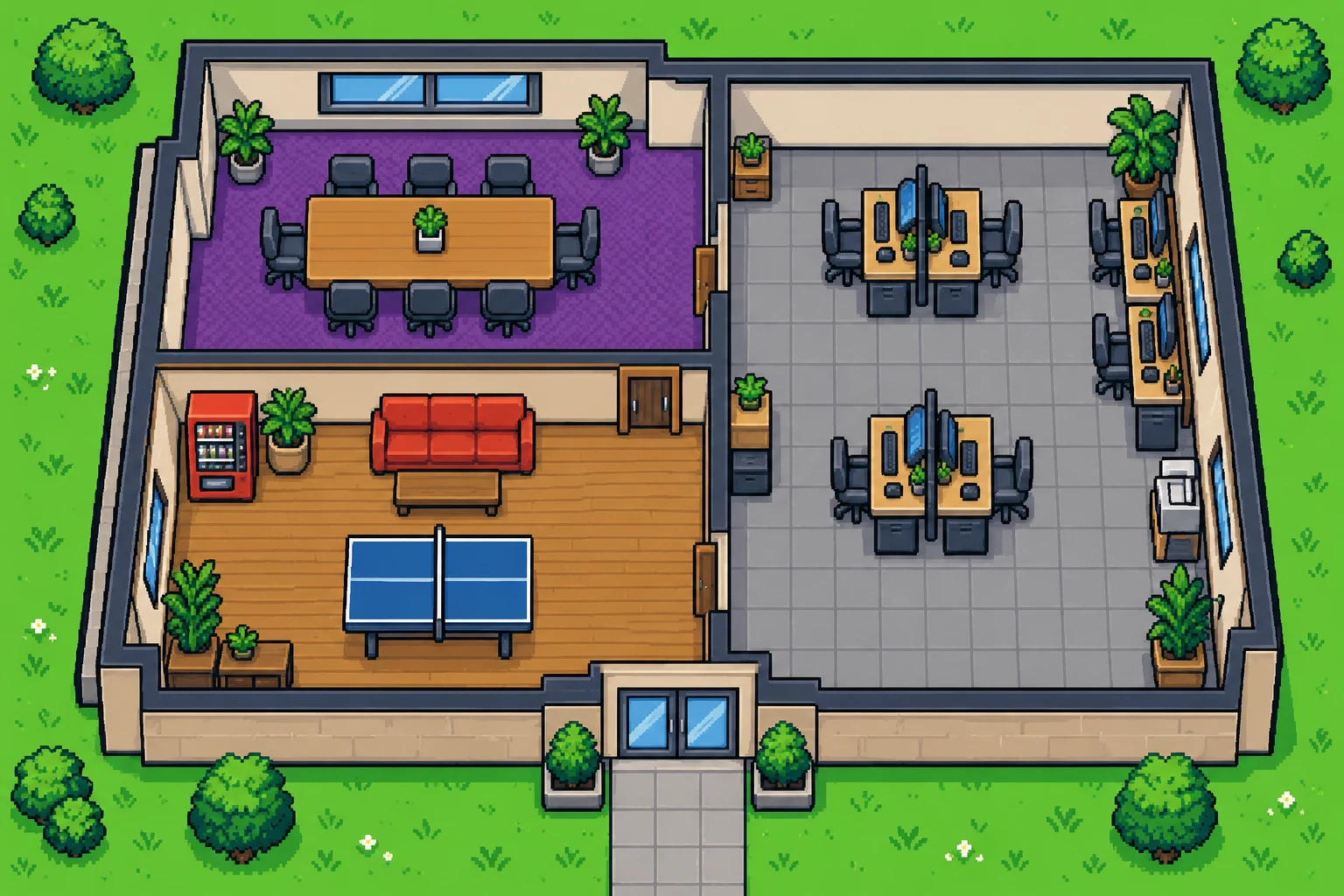 the office from above: a meeting room, a row of desks, and a lounge with a ping pong table